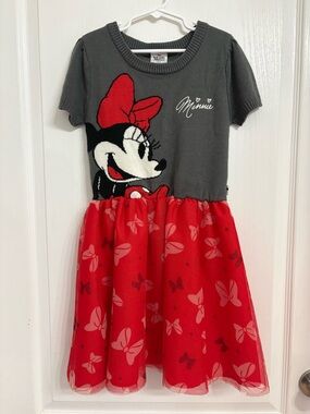 Disney Dress Gray Knit Minnie Mouse Short Sleeves Bows Red Skirt Medium (7-8)